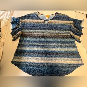 RUBY RD BLUE & WHITE STRIPED TEE W/SCOOP NECK & FLUTTER SLEEVES. SIZE XL
